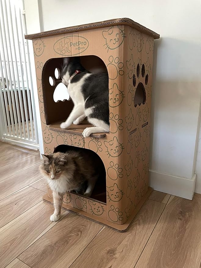 PetPro 2-Floor Cat House - Cardboard Condo for Cats with 15.7 x 20 x 32.6 Inches Dimensions, Durable Material, Easy Assembly, Safe for Pets
