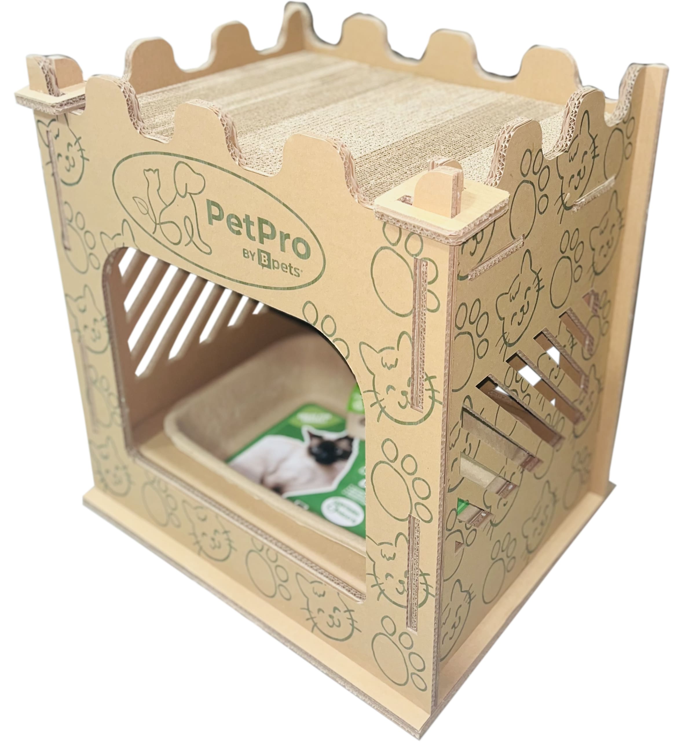 Bpets Royal Retreat: Castle Cat Litter House, Premium Corrugated Cardboard, Double-Layer Scratcher, Indoor Litter Tray, Disposable Scoop (Eco-Friendly Cat House, Litter Box, Cardboard Cat Scratcher)