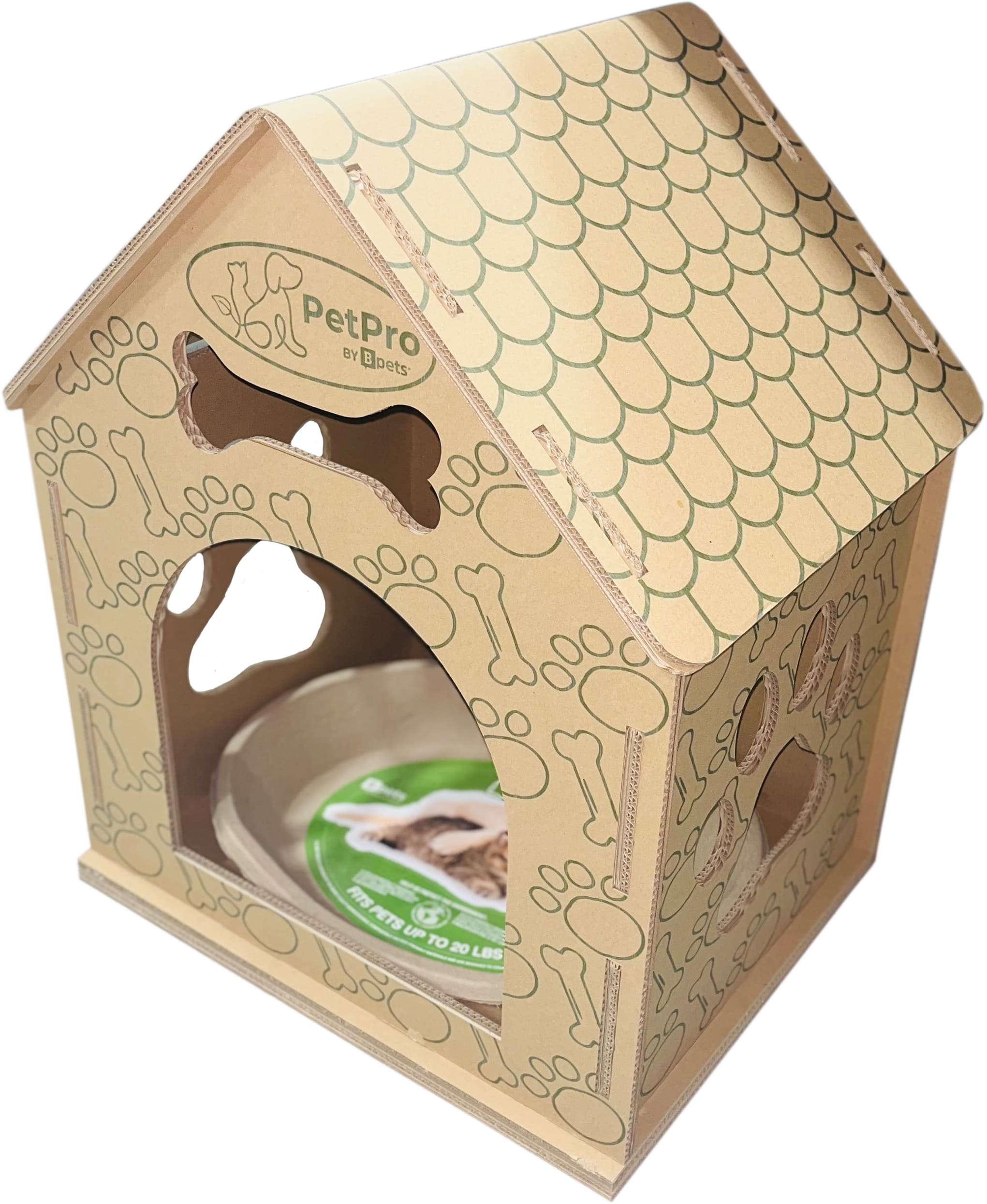 B Pet Eco-Friendly Cardboard Dog House w/Plush Bed! Indoor, Modern Crate Alt., Sustainable Shelter. Small/Med Dogs. Easy Assembly