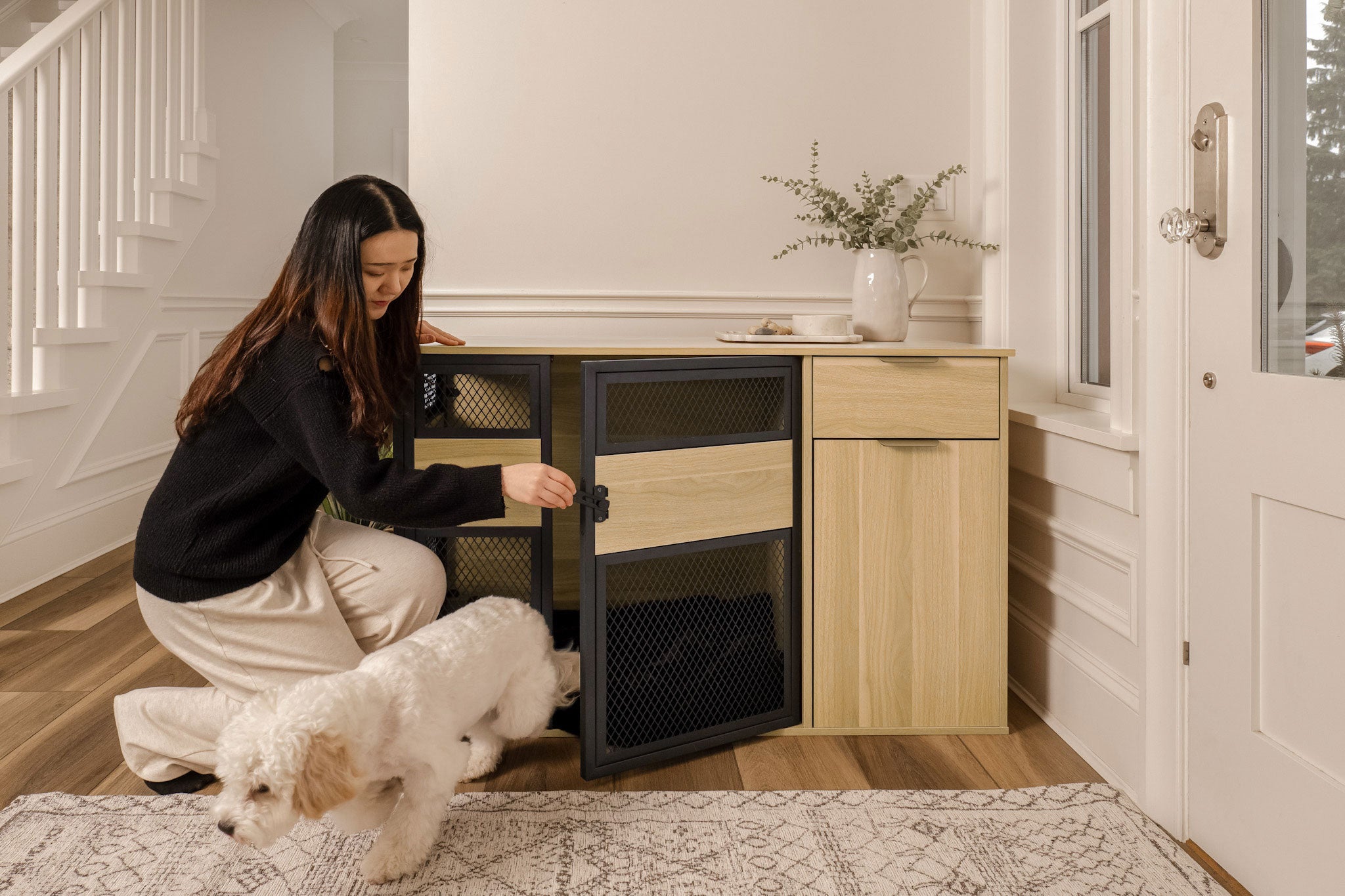 Lucky Kennels Clover Console Crate Stylish pet Furniture with Sleek Black Metal gate, enhances Airflow and Visibility, Elegant Upgrade for Living Spaces