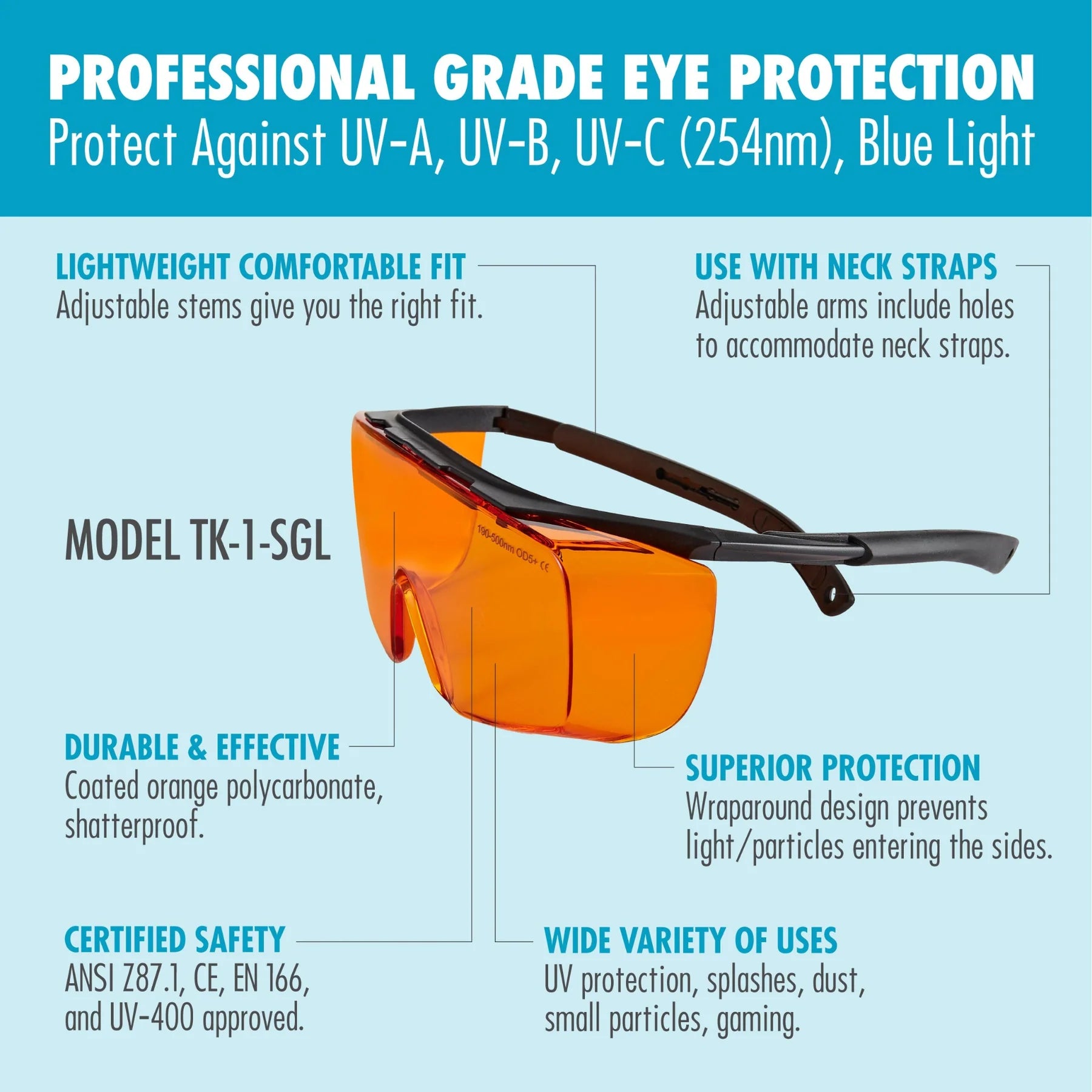 Tool Klean Large UV Light Safety Glasses – Yellow UVC Protective Goggles - EN166 ANSI Z87.1, CE – UV 400