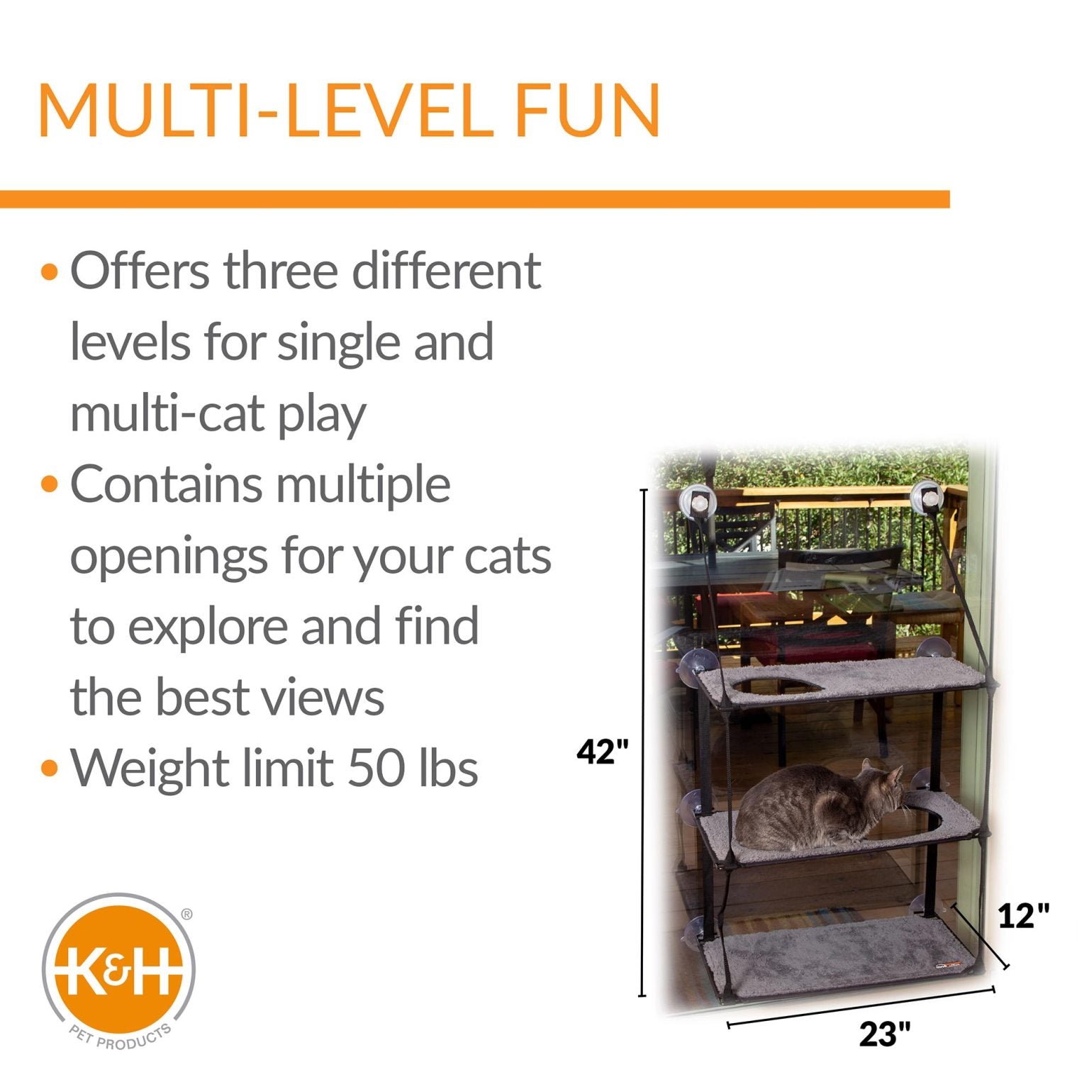 K&H Pet Products EZ Mount Window Kitty Sill Triple Stack Gray 12″ x 23″ x 42″ – KH4927